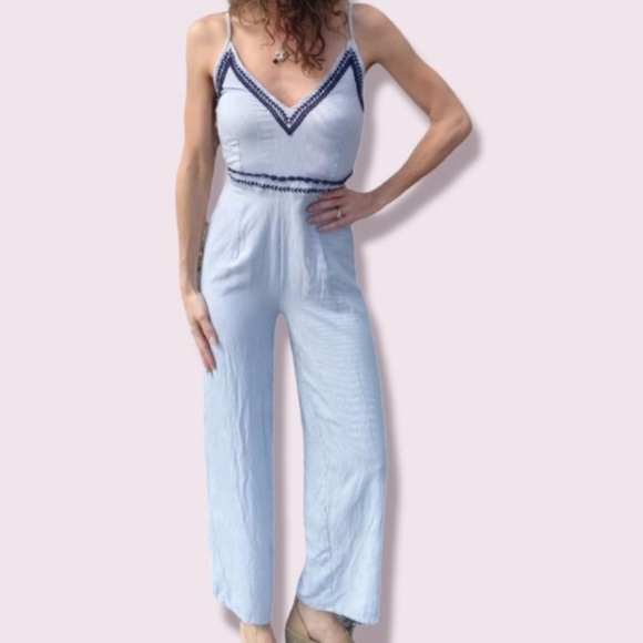 Japna Blue White Seersucker Pinstriped Embroidered Wide Leg Jumpsuit XS - Picture 7 of 8